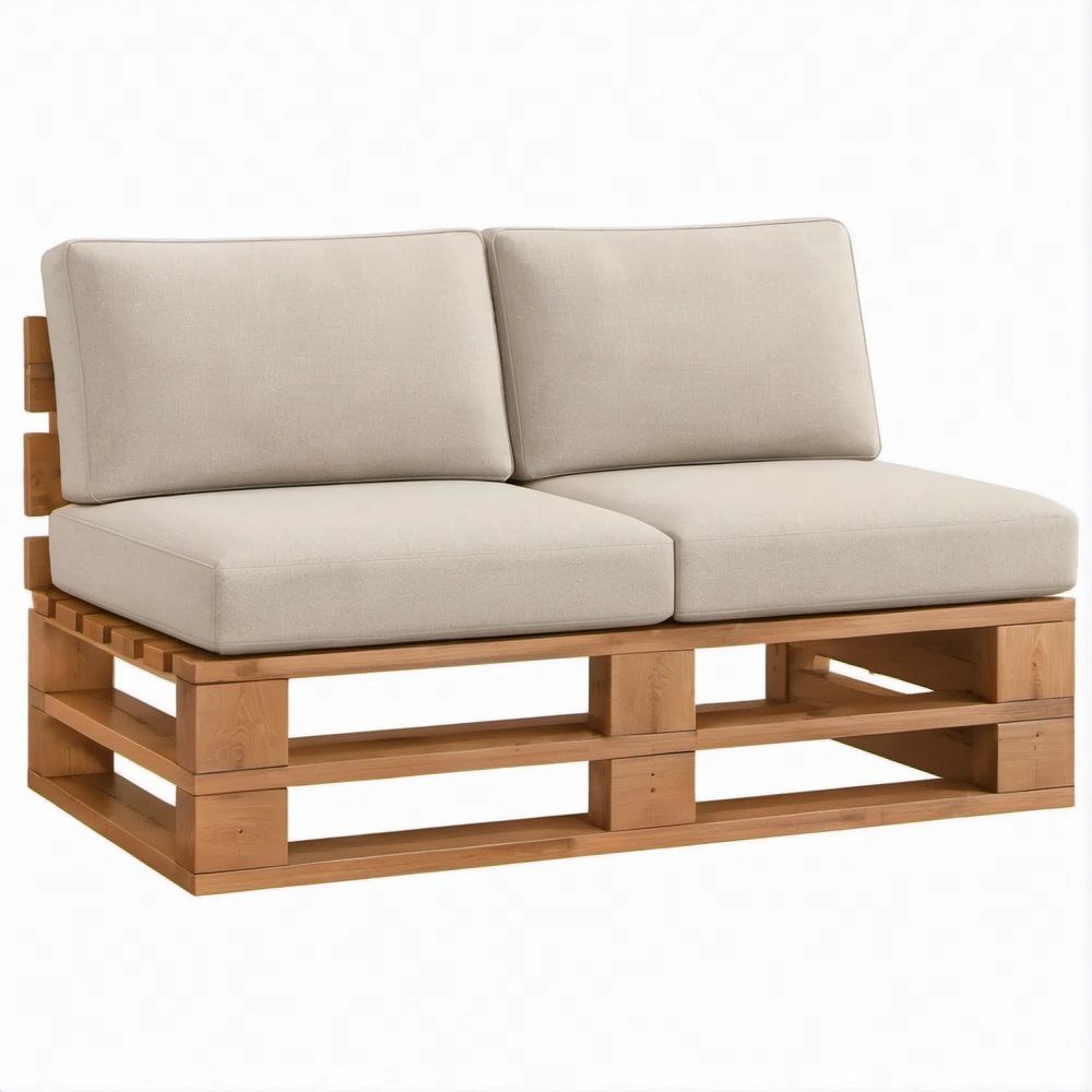 Dwuosobowa sofa z litego drewna sosnowego z beżowymi poduszkami 110 x 66 x 65 cm