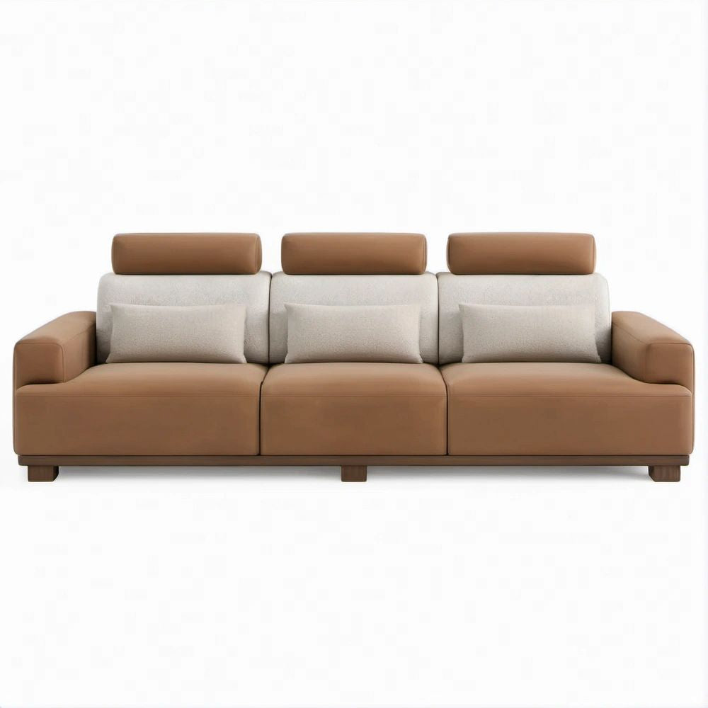 Sofa trzyosobowa brązowo-beżowa z regulowanymi zagłówkami, 300 x 95 x 88 cm