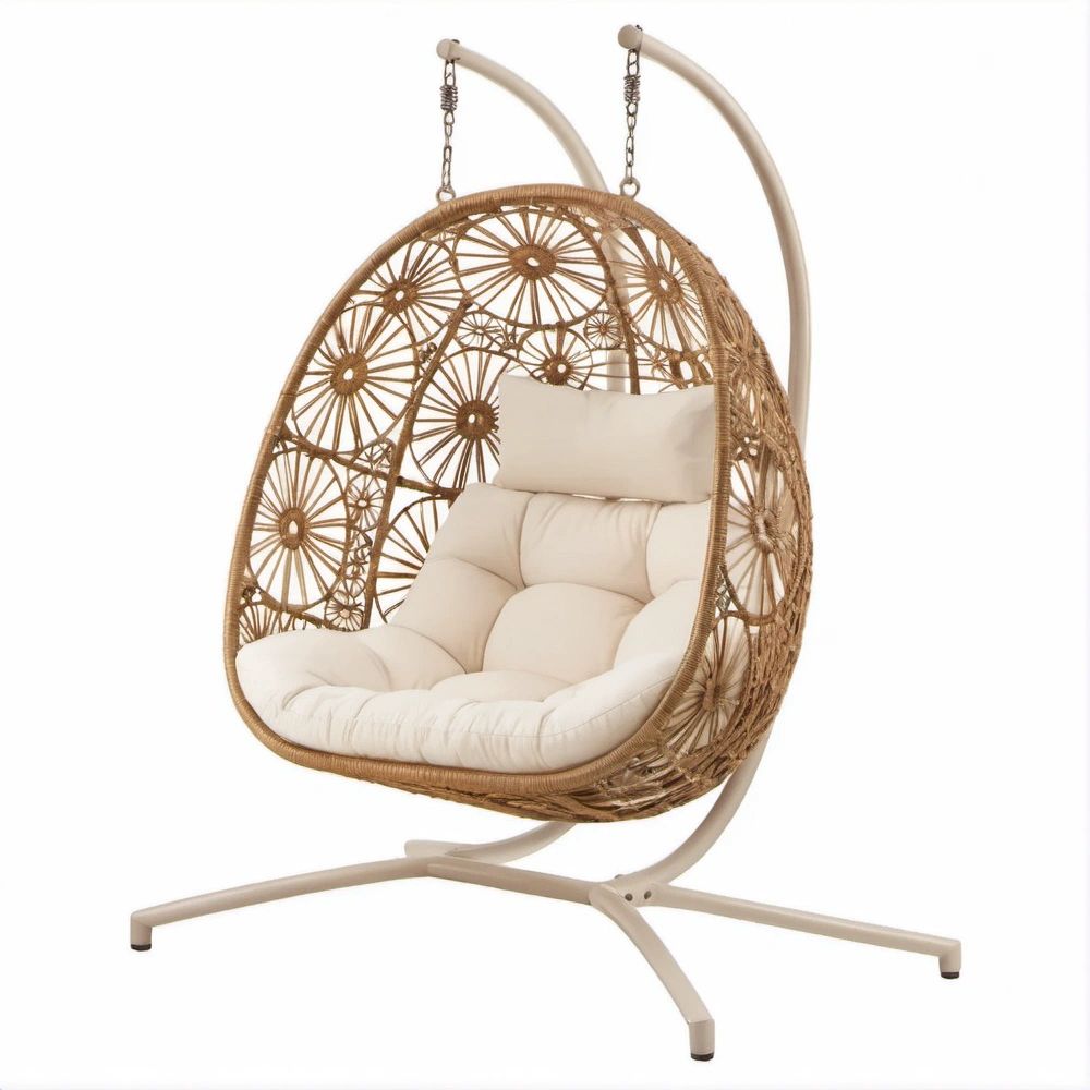 Beżowy fotel wiszący z naturalnego rattanu ze stalowym stelażem 105 x 105 x 195 cm