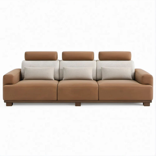 Sofa trzyosobowa brązowo-beżowa z regulowanymi zagłówkami, 300 x 95 x 88 cm