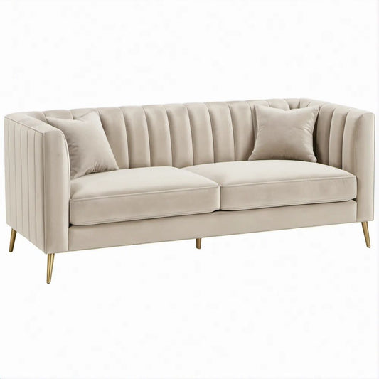 Kremowa sofa trzyosobowa z aksamitną tapicerką, 210 x 90 x 78 cm