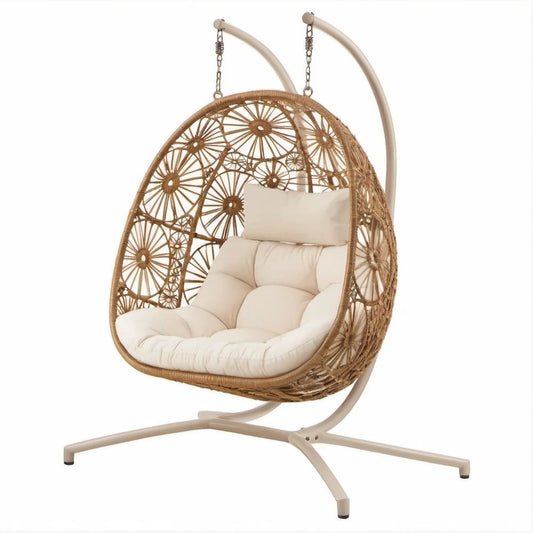 Beżowy fotel wiszący z naturalnego rattanu ze stalowym stelażem 105 x 105 x 195 cm