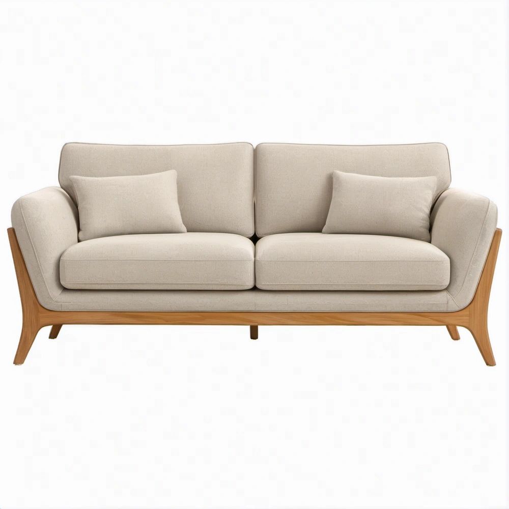 Beżowa sofa 2-osobowa z tapicerką poliestrową i ramą z litego drewna kauczukowego, 180 x 82 x 84 cm
