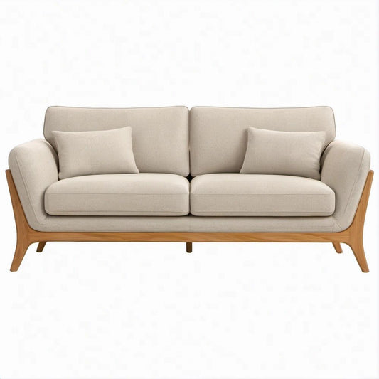 Beżowa sofa 2-osobowa z tapicerką poliestrową i ramą z litego drewna kauczukowego, 180 x 82 x 84 cm