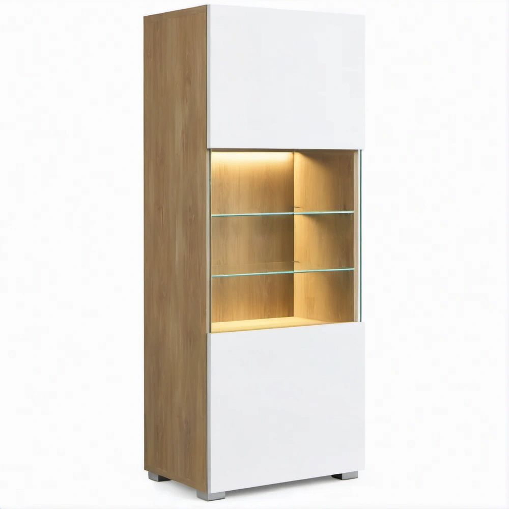 Witryna stojąca biała matowa i dąb naturalny z oświetleniem LED, 60 × 40 × 190 cm