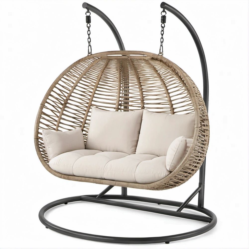 Dwuosobowy wiszący fotel ogrodowy owalny z technorattanu, beżowo-czarny, 146 x 120 x 196 cm